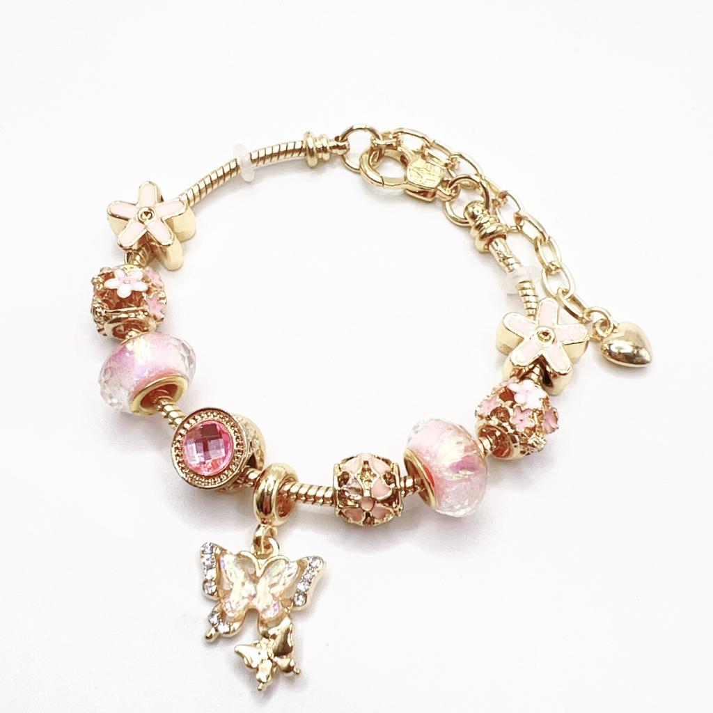 High Quality Gold Plated Crystal Rhinestone Lotus Flower Charm Bracelet Large Hole Beads Pink Flower Pendant Adjustable DIY