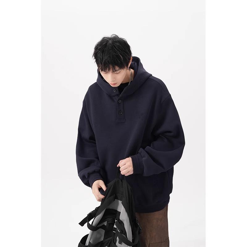 Men's Plus Size Fleece-Lined Button Hoodie - Oversized, Thickened Long Sleeve for Autumn/Winter