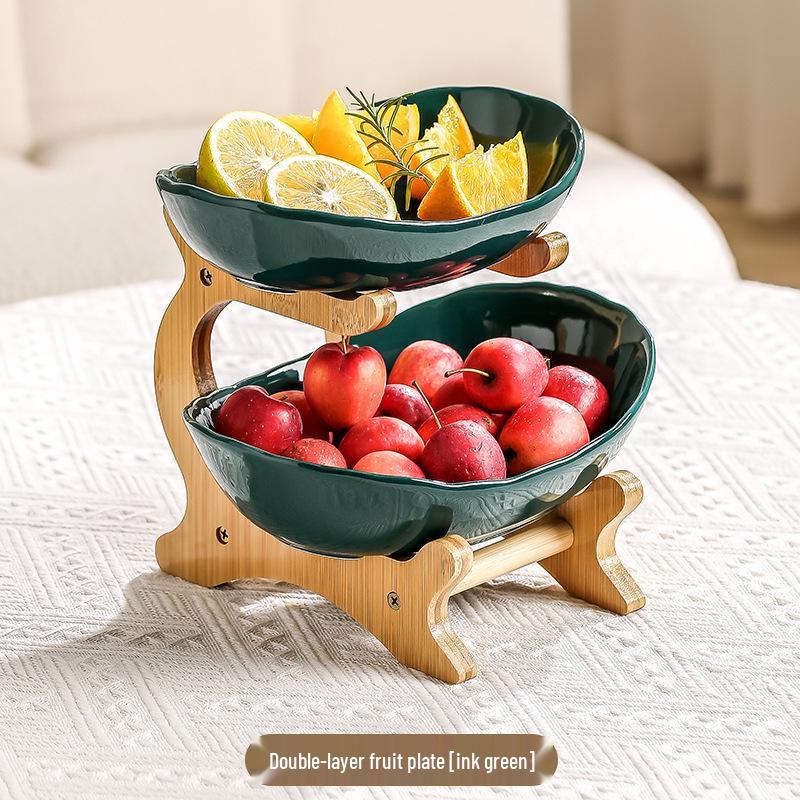 Bamboo & Wood Multi-layer Fruit Bowl and Pastry Plate - Creative Double-layer Ceramic Snack Holder for Home.