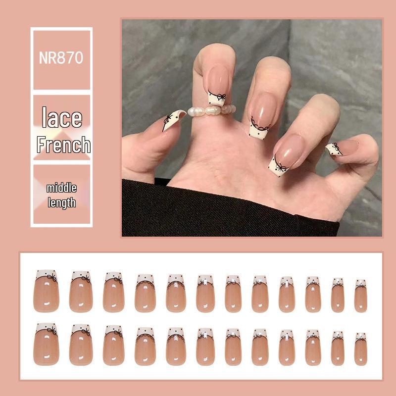 

Патчи для нейл-арта с бантиком в горошек и кружевным краем - Средние длинные квадратные накладные ногти