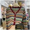 Autumn Winter Striped Patchwork Cardigan Sweater Women Vintage Loose Casual Fashion Knitting V-neck Button Top