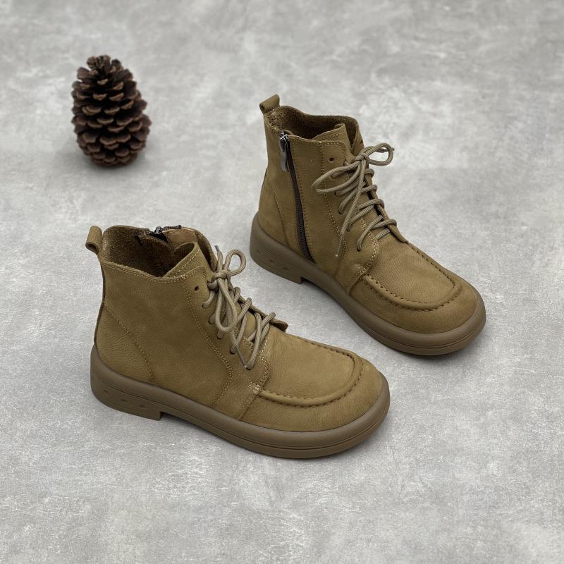 

Johnature Retro Genuine Leather Short Boots British Style Lace Up Side Zipper Women s Shoes 35 хаки