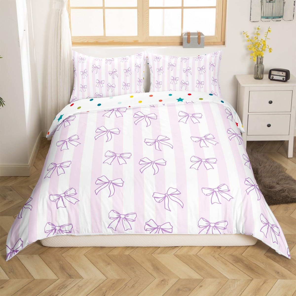 

Cute Kawaii Bowknot Kids Duvet Cover Geometric Plaid Butterfly Knot Quilt Cover For Girls Teen Women Adults 3 Pcs No Quilt EU Single(135x200cm)