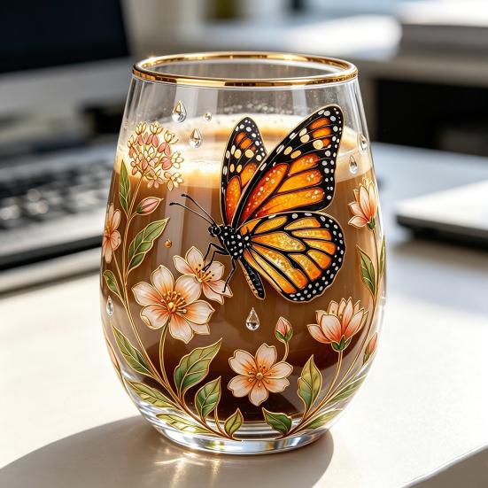 Bicchiere da cocktail Farfalla Fenicottero, Tazza Giardino Fiorito Dipinta a Mano, Bicchiere da Vino Succo con Bordo Dorato, Regalo Unico per Lei