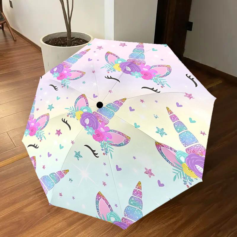 1PC Unicorn Flowers Umbrella-8-Rib Reinforced Portable Folding Travel Suitable for All Seasons Outdoor Daily Use-G322