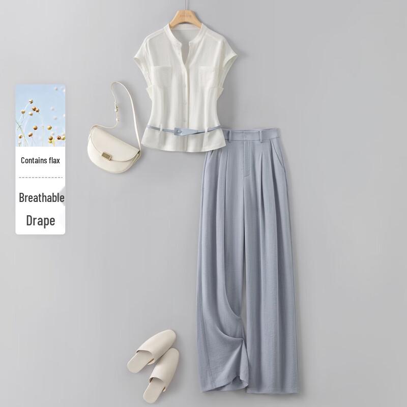 IHIMI Linen-Blend Waist-Cinching Shirt & Pant Set S