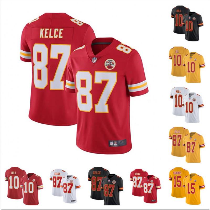 Pánský fotbalový dres NFL Kansas City Chiefs Mahomes 15 Kelce 87 Vyšívaný Červený Bílý Žlutý Krátký Rukáv Sportovní Oblečení