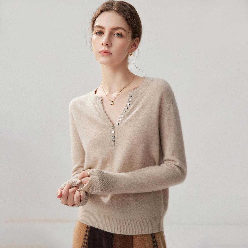 Women's Cashmere V-Neck Multi-Button Sweater - Slim Fit, Loose Knit, Base Layer