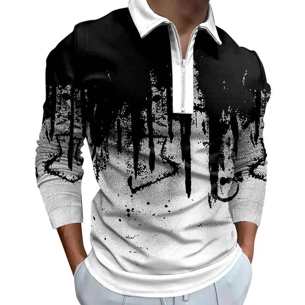 Men's Polo Shirt Autumn and Winter New Digital Printing T-shirt Casual Retro Long-sleeved Sweatshirt