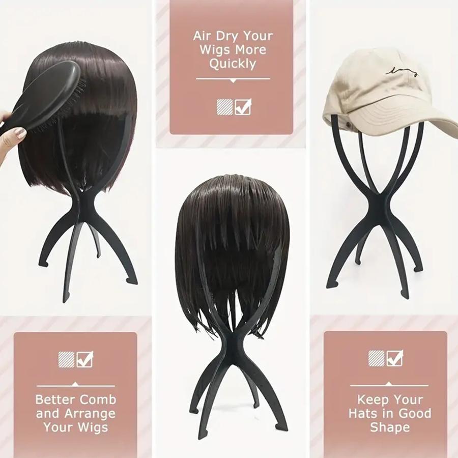 1 Pc 13.8IN Portable Collapsible Wig Stand Holder for Multiple Wigs Black And Pink Durable Wig Stands for Women