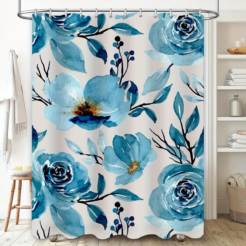 Beautiful Blue Floral Shower Curtain with Fresh Watercolor Design Perfect Bathroom Decoration