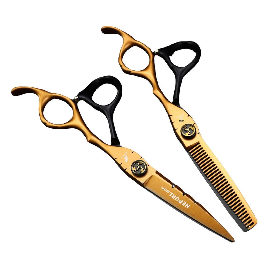 6.0-Inch SY Black Gold Napson Hairdressing Scissors: Straight, Serrated, and Thinning Shears.