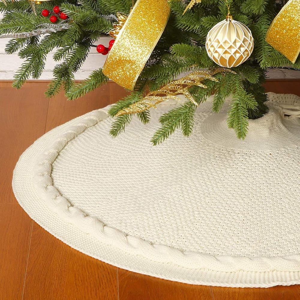 Cable Knitted Christmas Tree Skirt Red Cream Rustic Xmas Tree Base Cover Round Thicken Home Decorations Christmas Tree Decor