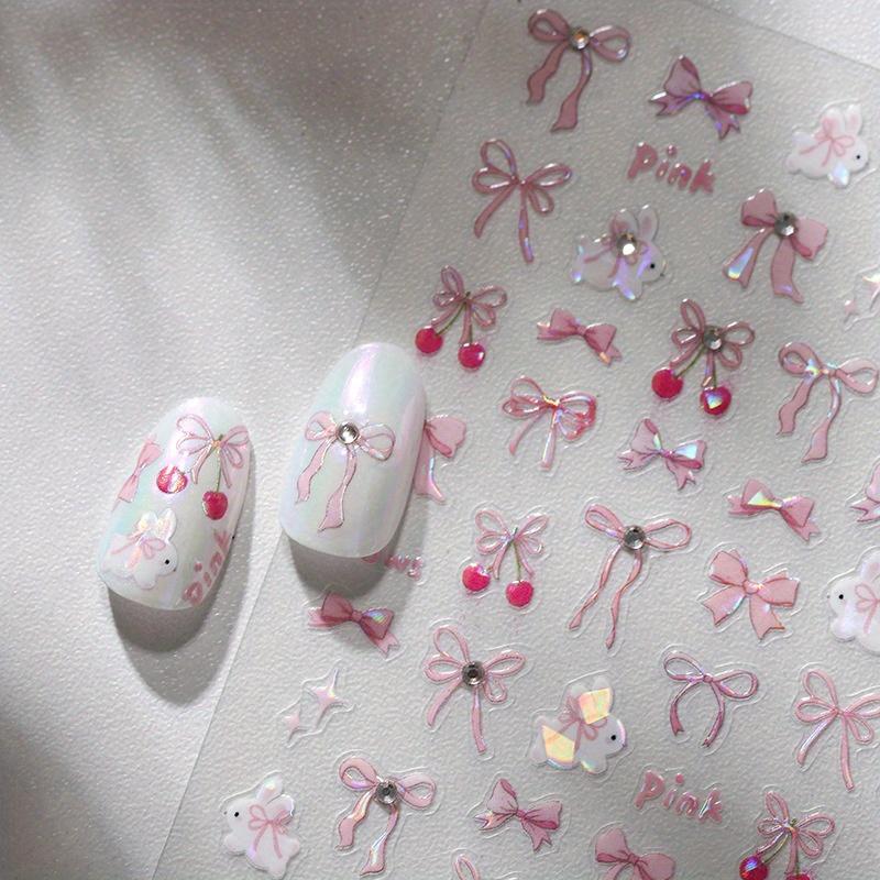 Cute and Sweet Cherry Bow Rabbit Pattern Nail Stickers - Blue and Pink Bow Ribbon Nail Decoration for Daily DIY - Laser Finish