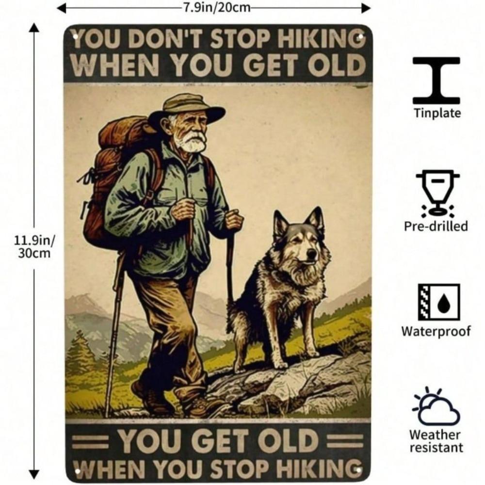 Metal Wall Art Poster, Hiking In Mountains Vintage Decor, for Home Garage Bar