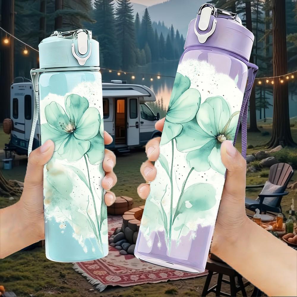 1PC Light Green Flower Watercolor Print 750ml Color Plastic Sports Water Bottle Leakproof Flip Straw Lid Suitable for Sports Office Home Use