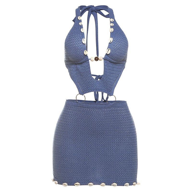 

# Sisjuly# Asian Style Hollow Metal Buckle Hanging Neck Sling Knitted dress Women All-Match Fog Blue L