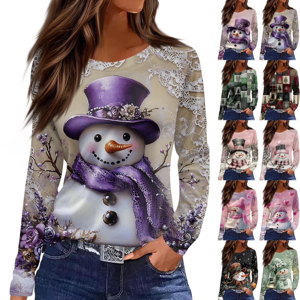 Women's Fashion Casual Slit Hem Round Neck Long Sleeve Loose Printed T-Shirt Ladies Top