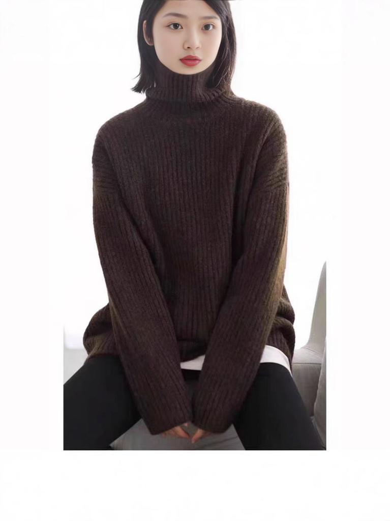 Damen Europäischer Stil Hoher Kragen Reiner Wollpullover - Herbst/Winter Mittellang, Lockere Passform, Gerippt, Elegante Strickware