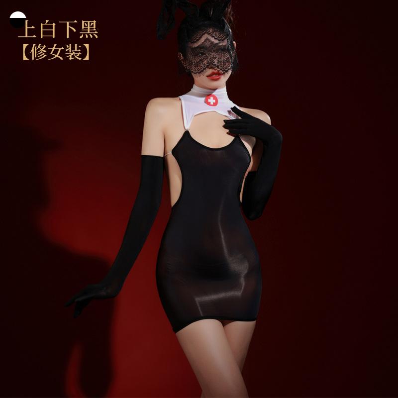 Women Sexy Ultra-Thin Bodysuits Cosplay Nurse Uniform Erotic Lingerie Oil Shiny Buttocks Skirt Stockings Gloves Smooth Jumpsuits