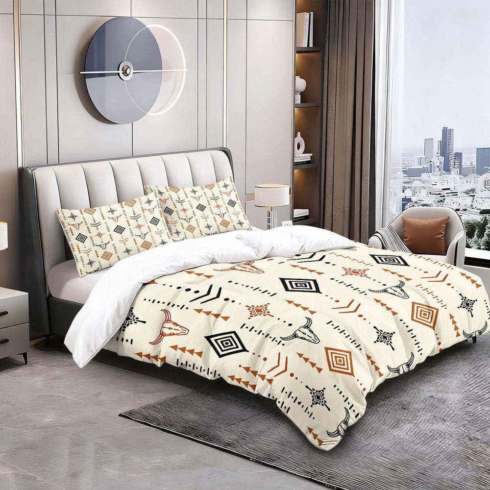 Southwestern Native American Style Duvet Cover Set(1 Duvet Cover & 1/2 Pillowcase) Geometric Bull Skull Print Boho Bedding Set