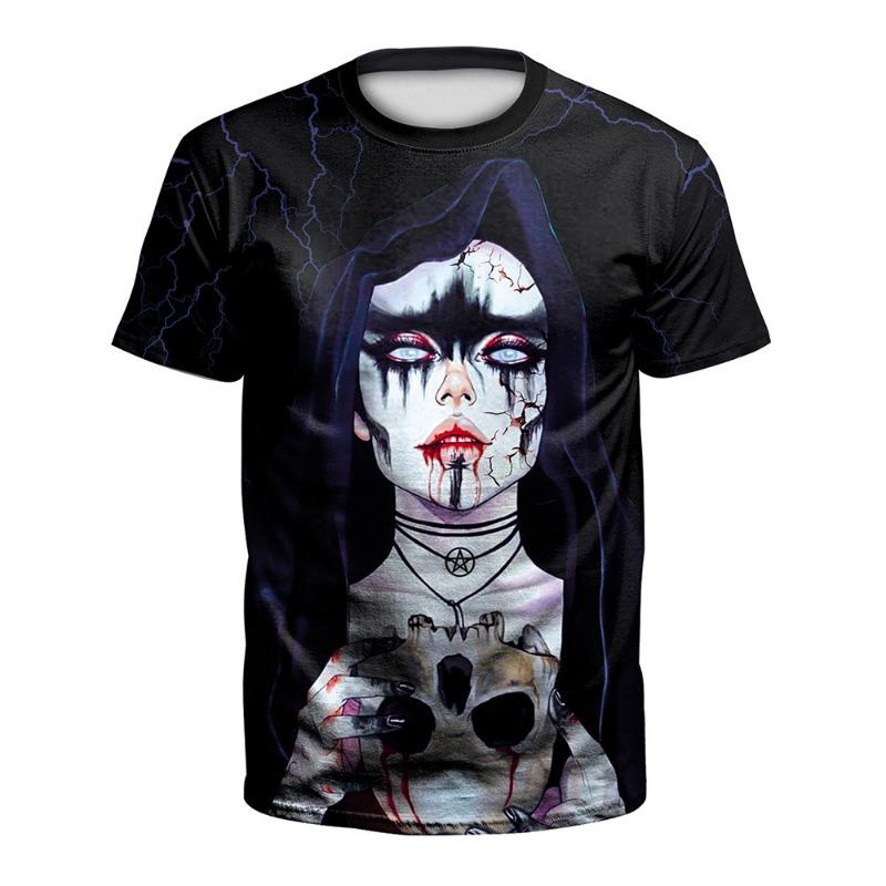 Summer Halloween skull digital printed shirt, men's and women's plus size crew neck short sleeves