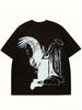 Men's Anime Angel Wings Graphic T-Shirt - Black & White Harajuku Streetwear Tee, Heavyweight 100% Cotton Round Neck Shirt for Cosplay, Casual Outfits