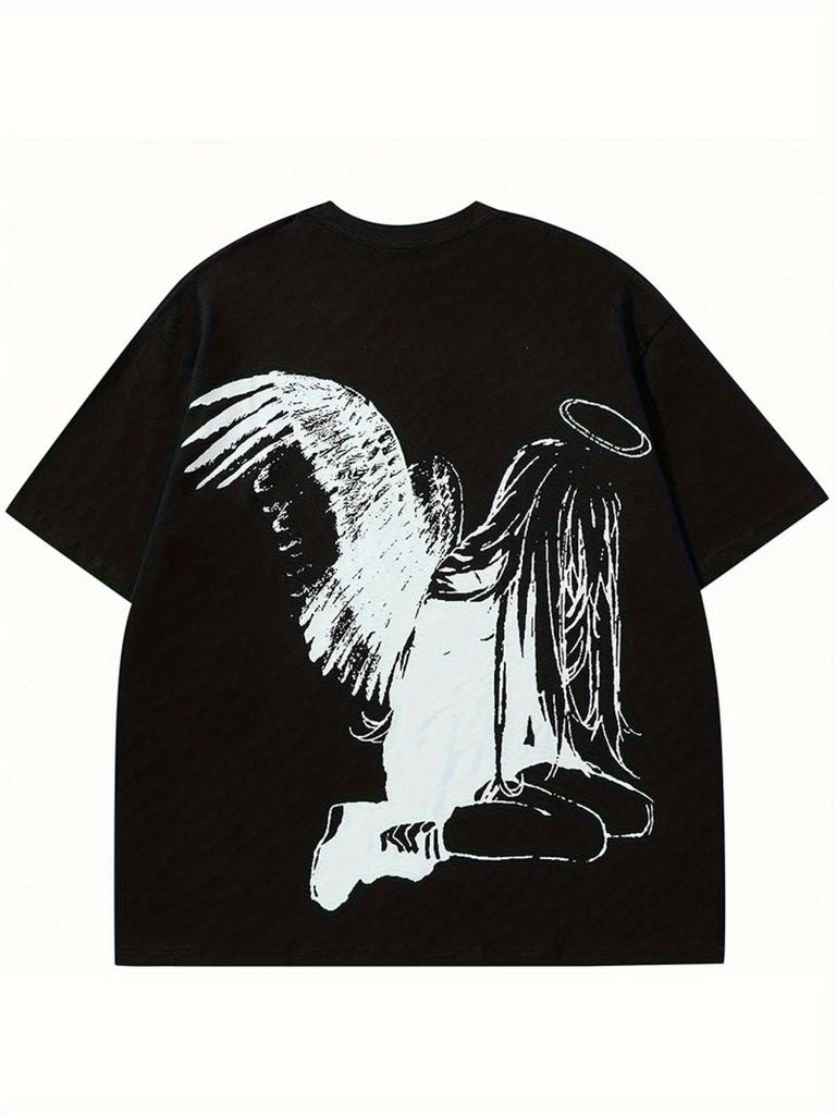 Men's Anime Angel Wings Graphic T-Shirt - Black & White Harajuku Streetwear Tee, Heavyweight 100% Cotton Round Neck Shirt for Cosplay, Casual Outfits