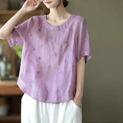 Summer Cotton Linen Artistic Style Retro Floral Embroidery Large Size Loose Casual Short Sleeved T-shirt for Women T-Shirts Women’s