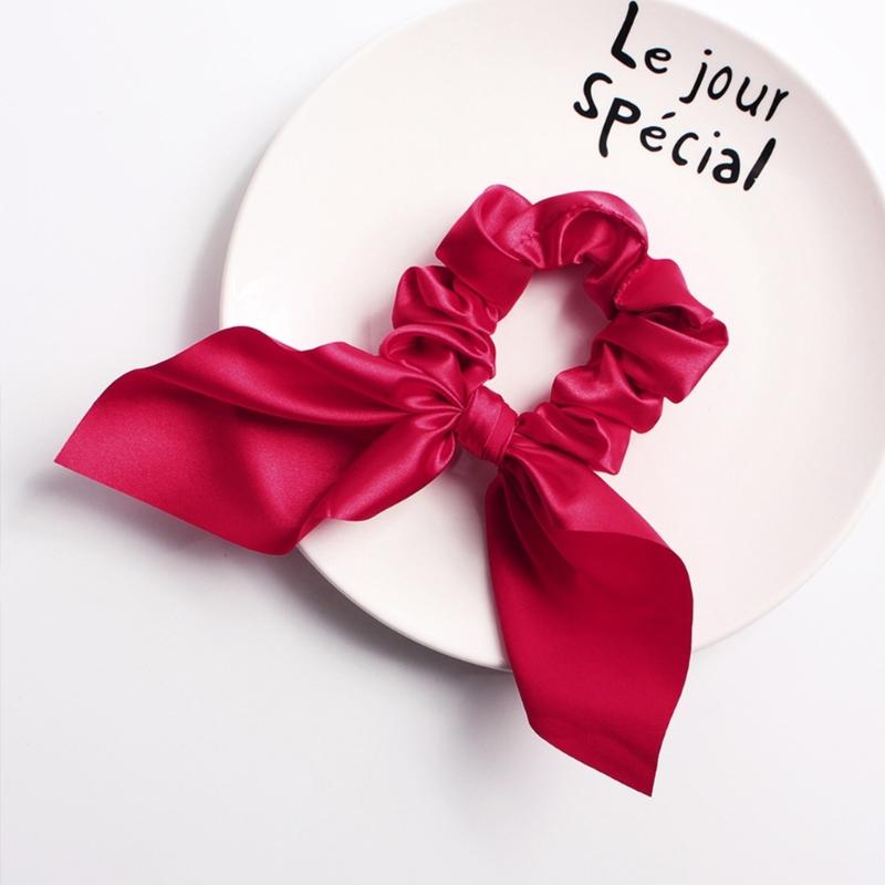 Solid Color  Satins Scrunchie With Bunnies Ears Design Soft Fabric Stretchy Hair Rope Accessories For Women Girls