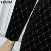 VONDA Women Fashion Solid Color Splicing V-Neck Long Sleeve Dresses