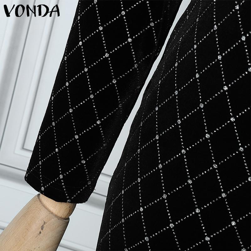 VONDA Women Fashion Solid Color Splicing V-Neck Long Sleeve Dresses