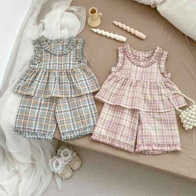Girls Summer Plaid Sleeveless Top and Wide Leg Pants Set with Ruffle Trim