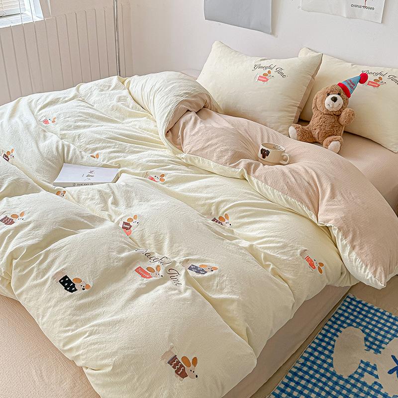 New bed four-piece set cartoon embroidery design student dormitory bed sheet quilt cover three-piece set machine washable