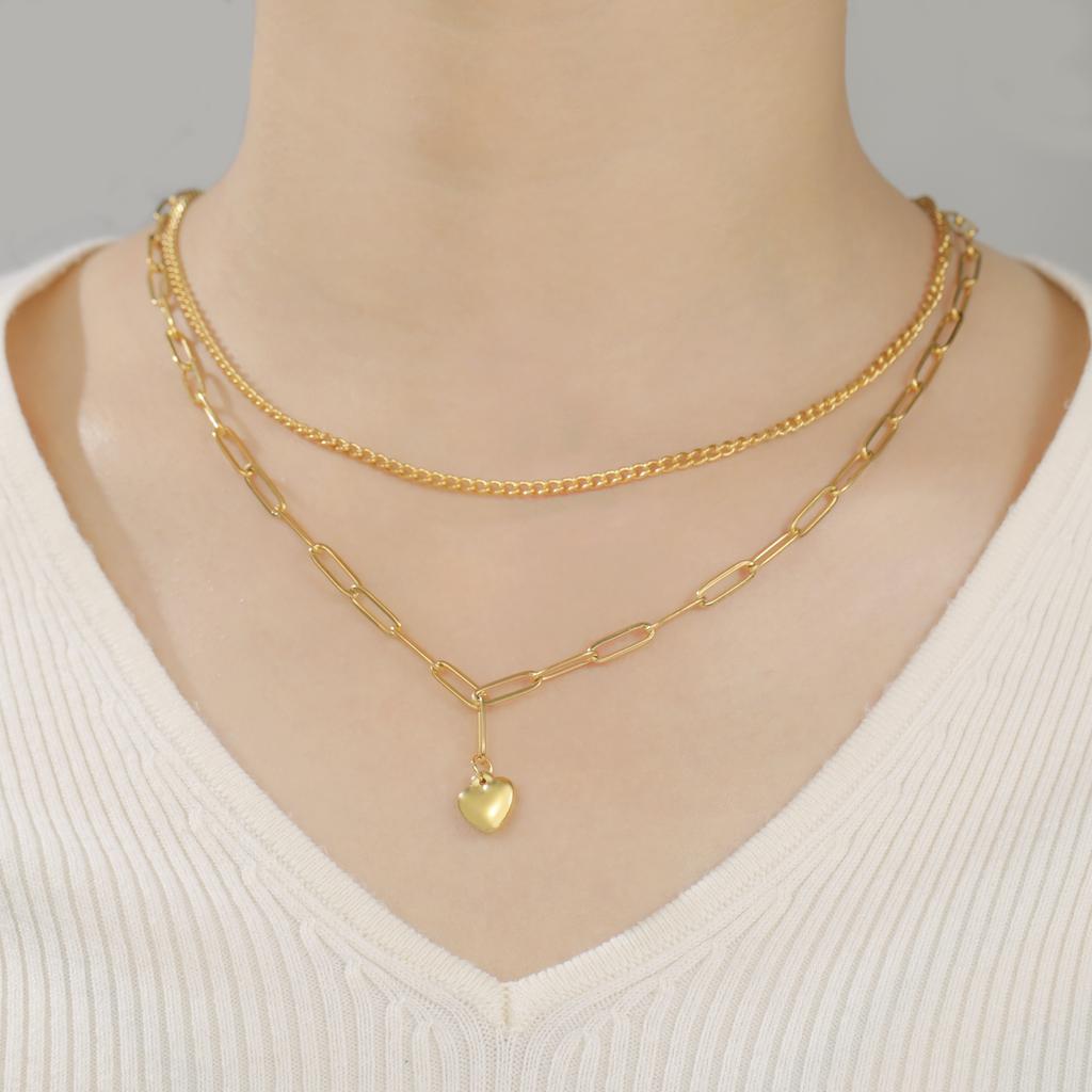 Teamer Classic Sweet Heart Pendant Necklace for Women Stainless Steel Double-layer Chain Choker Jewelry Valentine's Day Gift