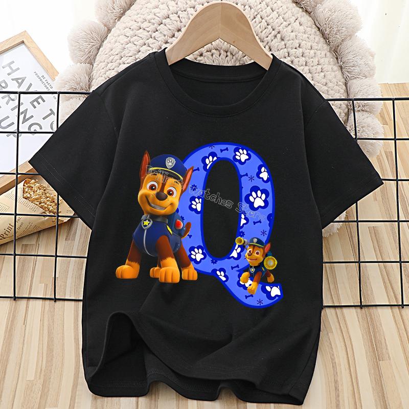 Paw Patrol Chase T-shirt for Children Cartoon Letter A-Z Tee Top Kawaii Round Collar Clothes Fashion Kids Black Clothing Gift