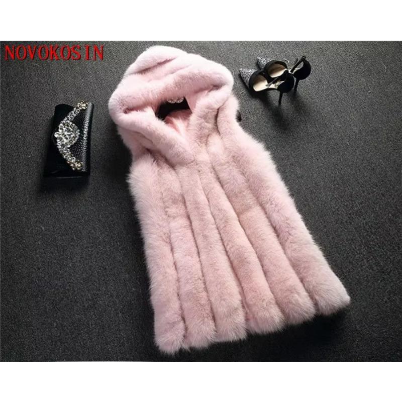 S-4XL Winter Warm Striped Faux Fox Fur Thick Overcoat Women Casual Long Vest Female Open Stitch Cardigan With Hat Slim Coat
