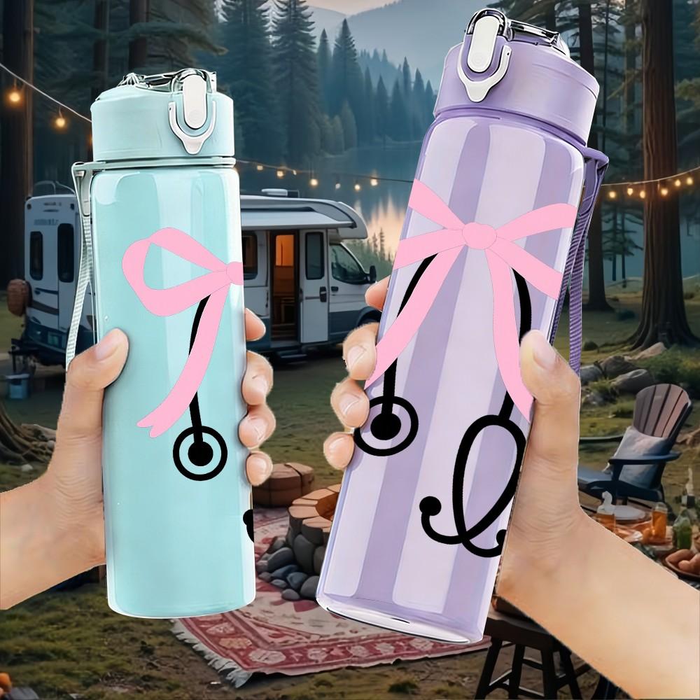 1PC Pink Bow Stethoscope 750ml Color Plastic Sports Water Bottle Leakproof Flip Straw Lid Suitable for Sports Office Home Use