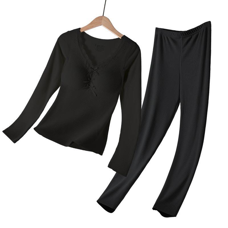 Women Thickened Fleece Thermal Underwear Set With Built In Chest Pad Slim Long Sleeve Top And Long Pants