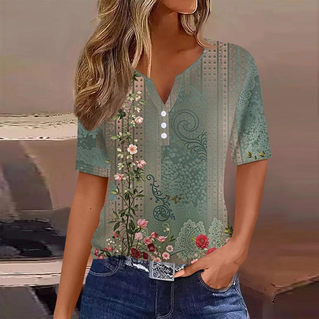 Women's T Shirt Tee Print Button Short Sleeve Tunic Daily Weekend Fashion Basic V- Neck Regular Top