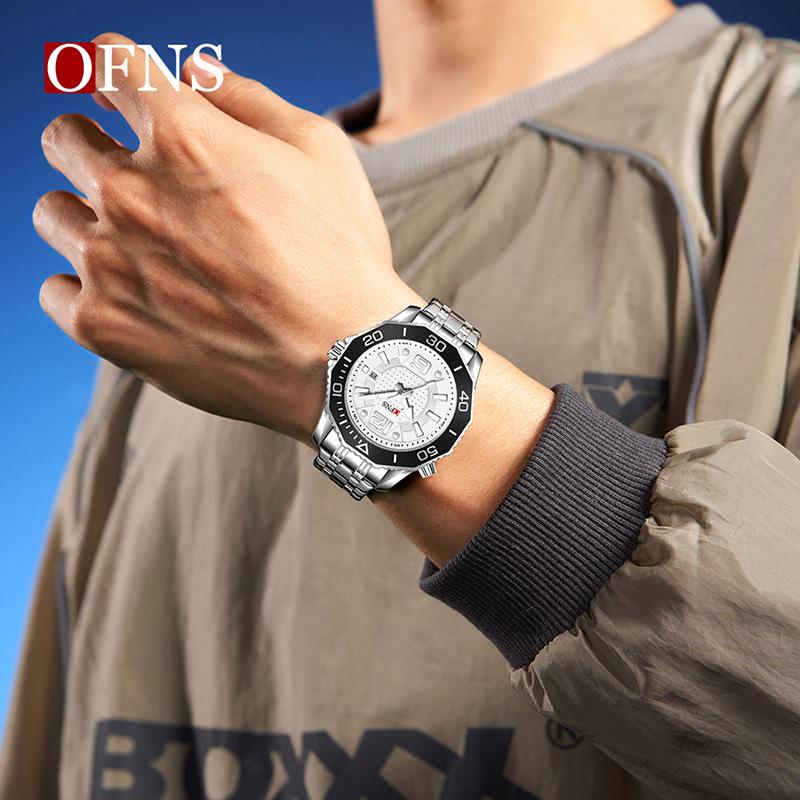 OFNS Men's Rotating Bezel Quartz Watch: 3D Numerals, Waterproof, Steel Strap, Ideal for Business & Commuting
