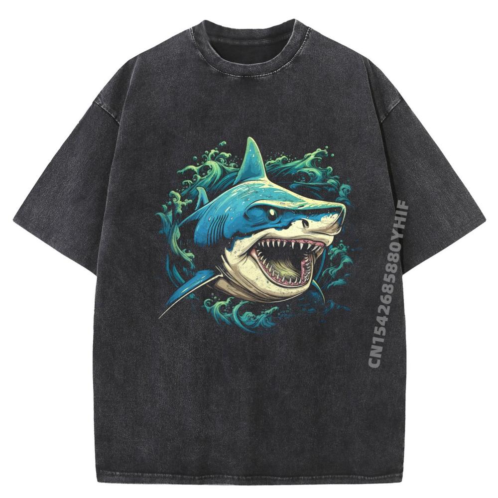 Shark Swimming Cartoon Style Ocean Tshirts Normal Mens Tops Tees Funny Tee Shirts Mens Retro Washed Clothes