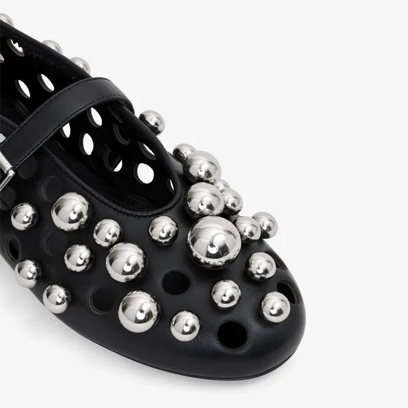 Fashion Luxury Black Pearl Round Head Buckle Ballet Sandals Summer Autumn Metal Hollow Commuting Casual Mary Jane Single Shoe Size 45