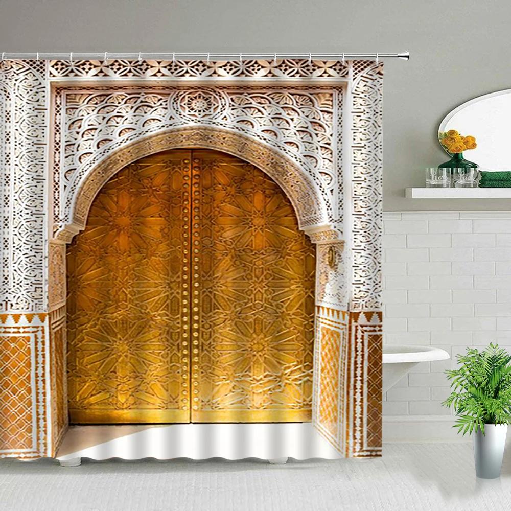 Moroccan Yellow Antique Arched Doors Shower Curtains Old Vintage Wooden Door Bathroom Waterproof Fabric Bath Curtains With Hooks