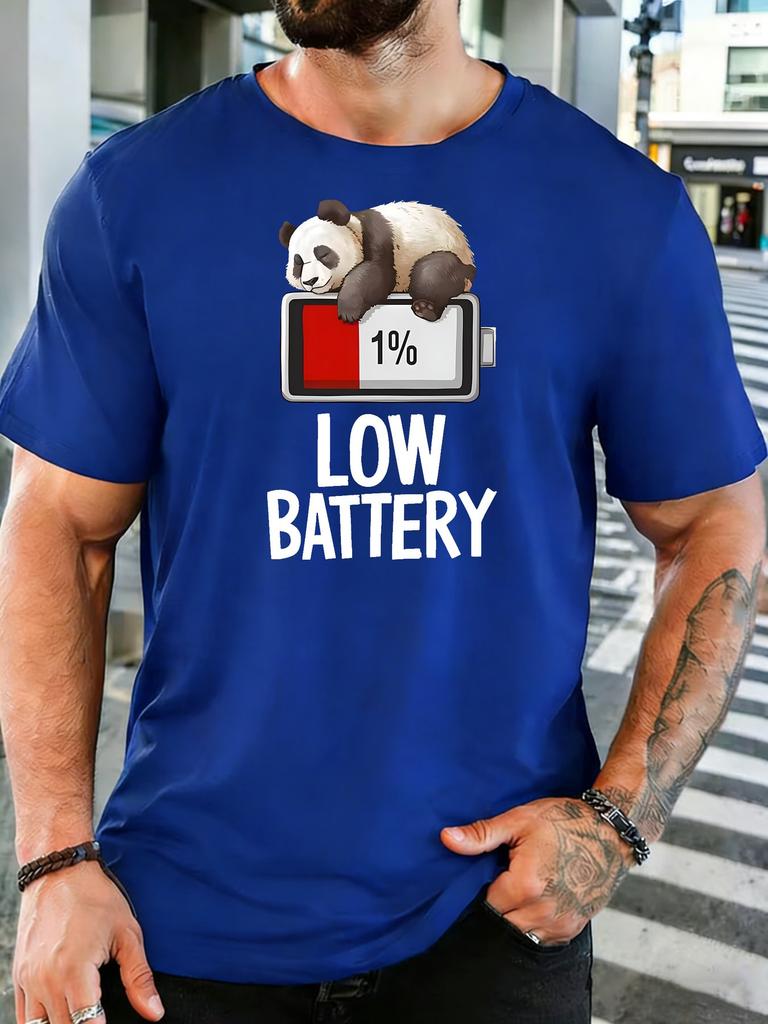 Unisexs Crew Neck Tshirt Low Battery Tired Panda Power Cell Print Short Sleeve Tee For Funny Panda Fans Daily Relax Casual Outfit