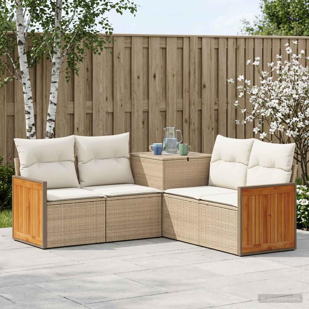 Sofa Set 5 Pieces Beige and Cream White Poly Rattan and Steel