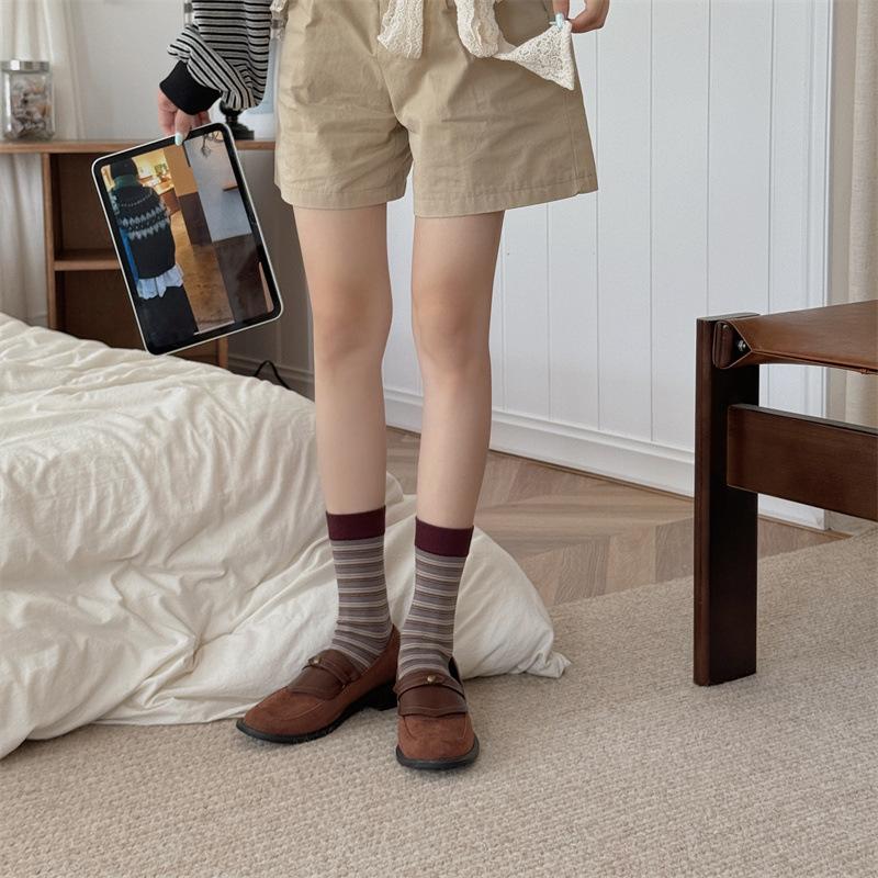 Sweet Striped Socks, Versatile Mid-calf Socks for Women in Spring and Autumn, Brown Boneless Pile Long Socks