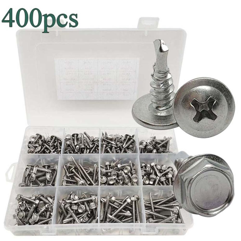 400pcs 410 Stainless-Steel Hexagonal With Round Head Cross Drilling Screws With Washer Furniture, DIY And Other Scenarios