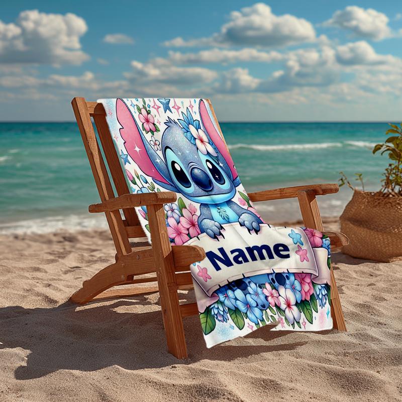 Custom Name Ultra-Soft Beach Towel with Stitch Theme,Ideal for Pool - Camping, Diving - Perfect Travel Essential, Vibrant Beach Towel.
