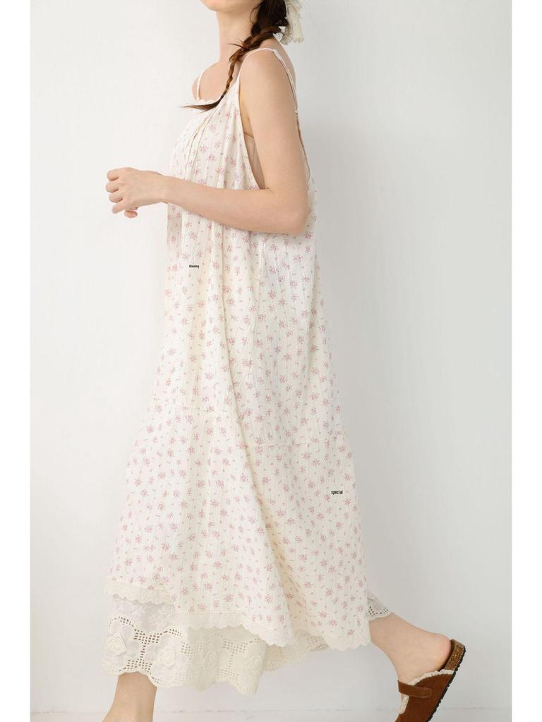 Spring/Summer 2026 Floral Print Spaghetti Strap Midi Dress - Sweet Mori Style with Lace Patchwork